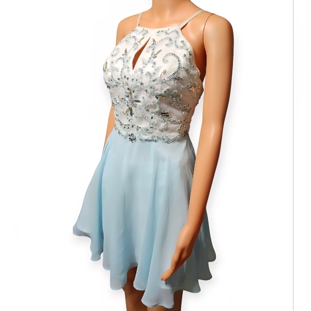Xscape Blue and White Embellished Mini Dress - Picture 4 of 8